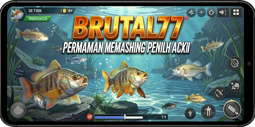 Tampilan utama gameplay BRUTAL77 saat memancing ikan besar.