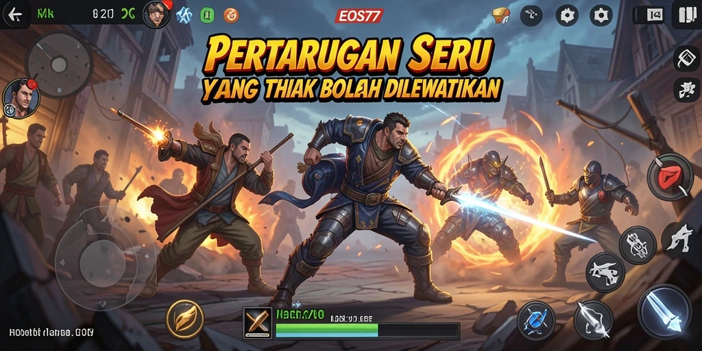 Screenshot menampilkan pertarungan seru dalam EOS77 dengan karakter dinamis.