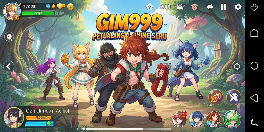 Screenshot utama GIM999 menampilkan karakter anime dalam petualangan.