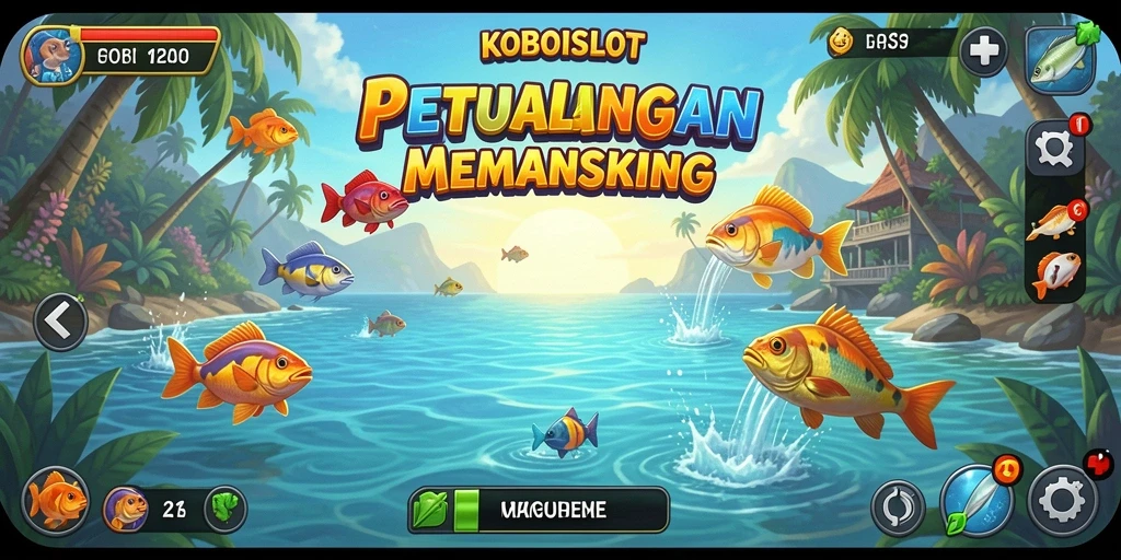 Tampilan gameplay <strong>KOBOISLOT</strong> dengan ikan yang beragam dan pemandangan indah.