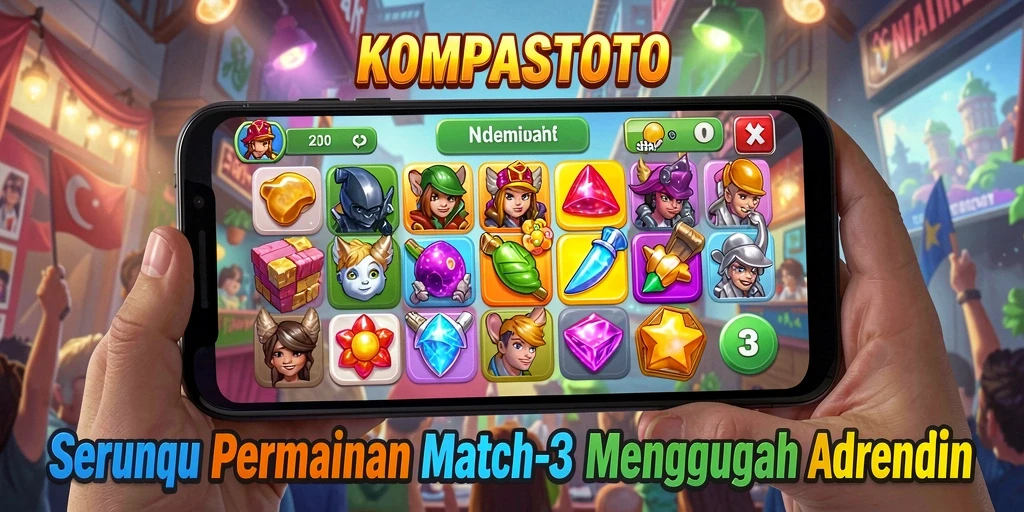Screenshot gameplay <strong>KOMPASTOTO</strong> yang menampilkan suasana permainan Match-3 yang menarik.