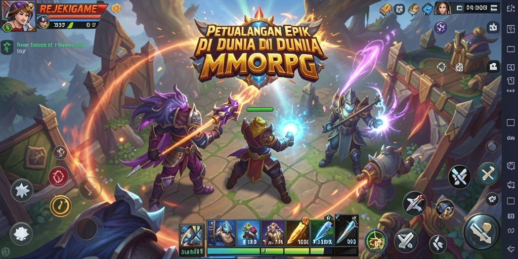 Screenshot utama REJEKIGAMES menampilkan pertempuran epik di dunia MMORPG.