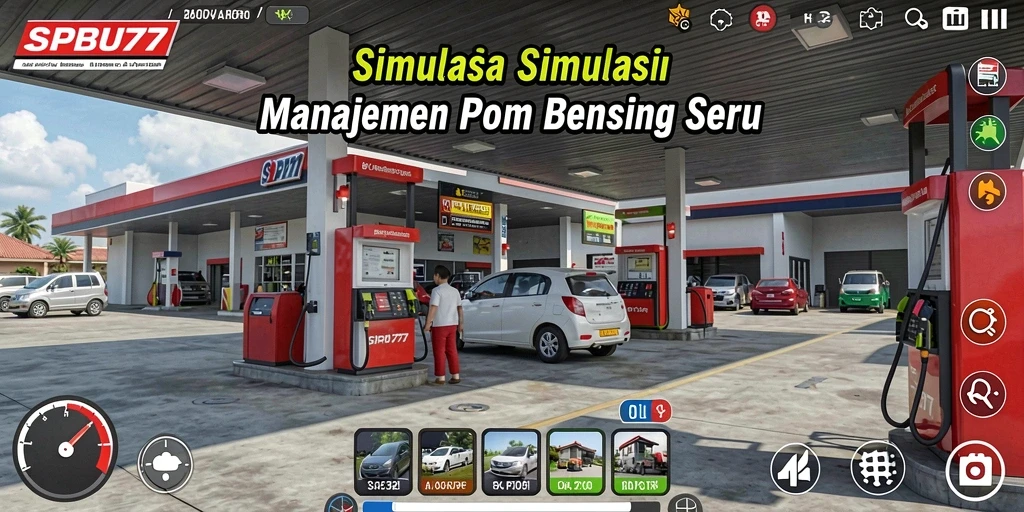 Tampilan gameplay SPBU77 dengan stasiun pengisian yang ramai.